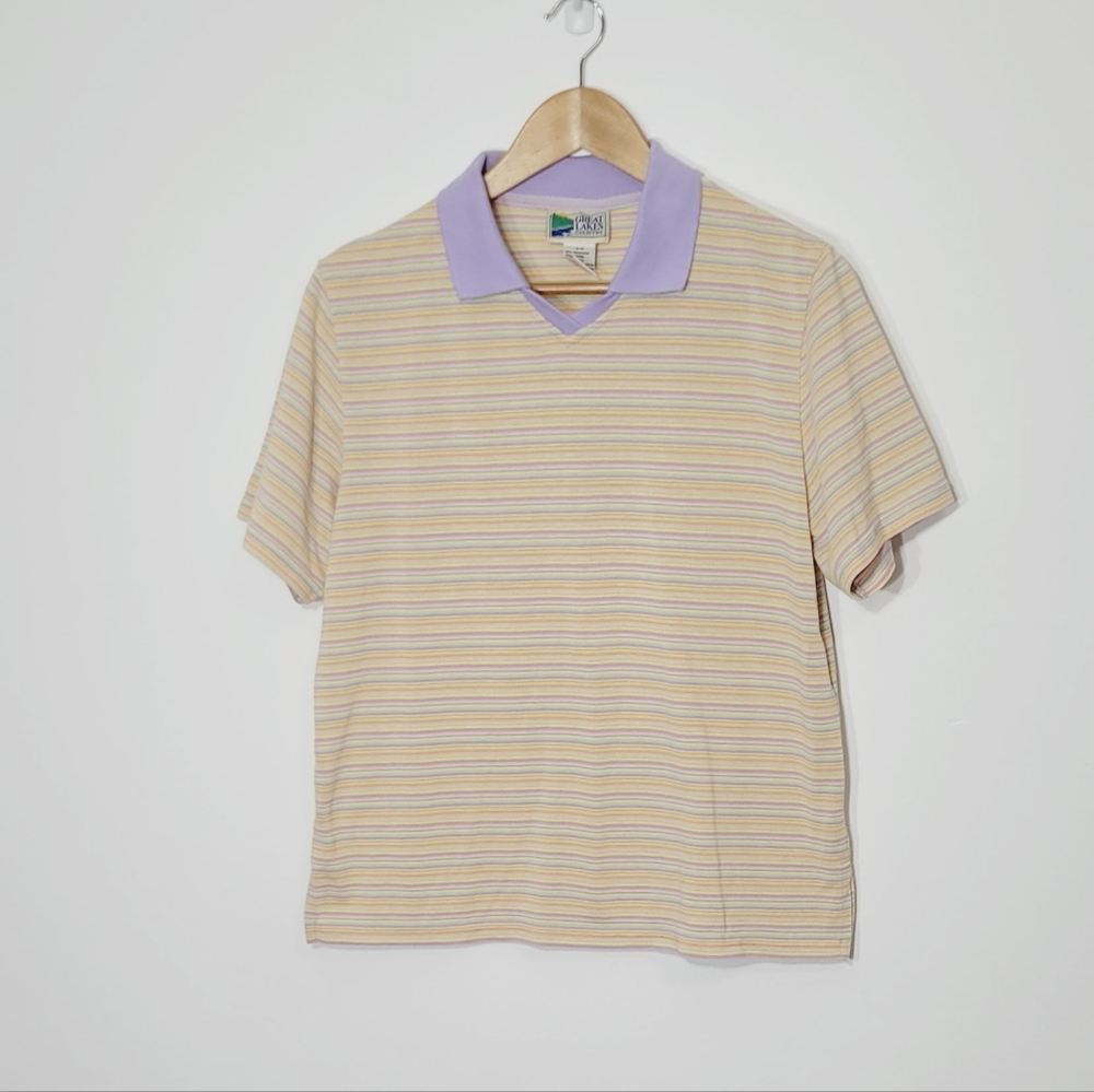 Vintage Great Lakes Multicolor Striped Cotton Blend Short Sleeve Polo Top Size S